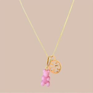 TORY BURCH 18K GOLD LOGO CHARM WITH NOSTALGIC GUMMY BEAR CHARM PENDANT N…